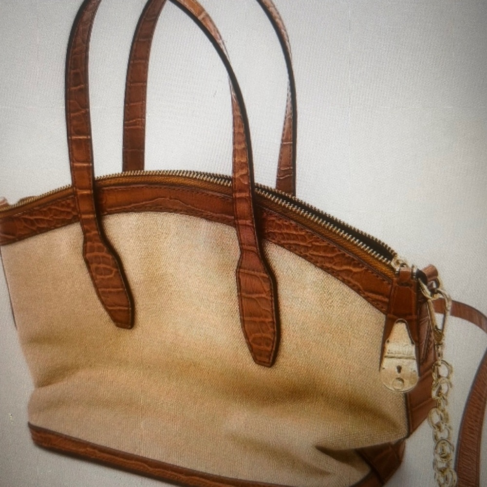 Calvin Klein Classic Canvas and Leather Tote Bag in Tan and Cream